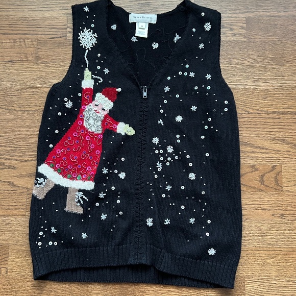 Susan Bristol Holiday Zip Sweater Vest Cotton Blend Santa Embellishment M - Picture 1 of 7